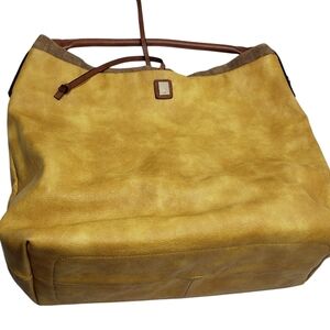 Paco Martinez Faux Leather Tote Shoulder  Bag Canvas Inside  Yellow Gold Brown